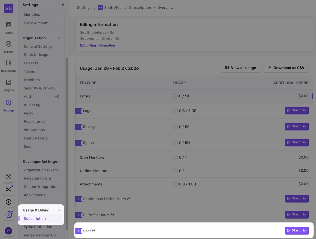 Seer trial in subscription settings
